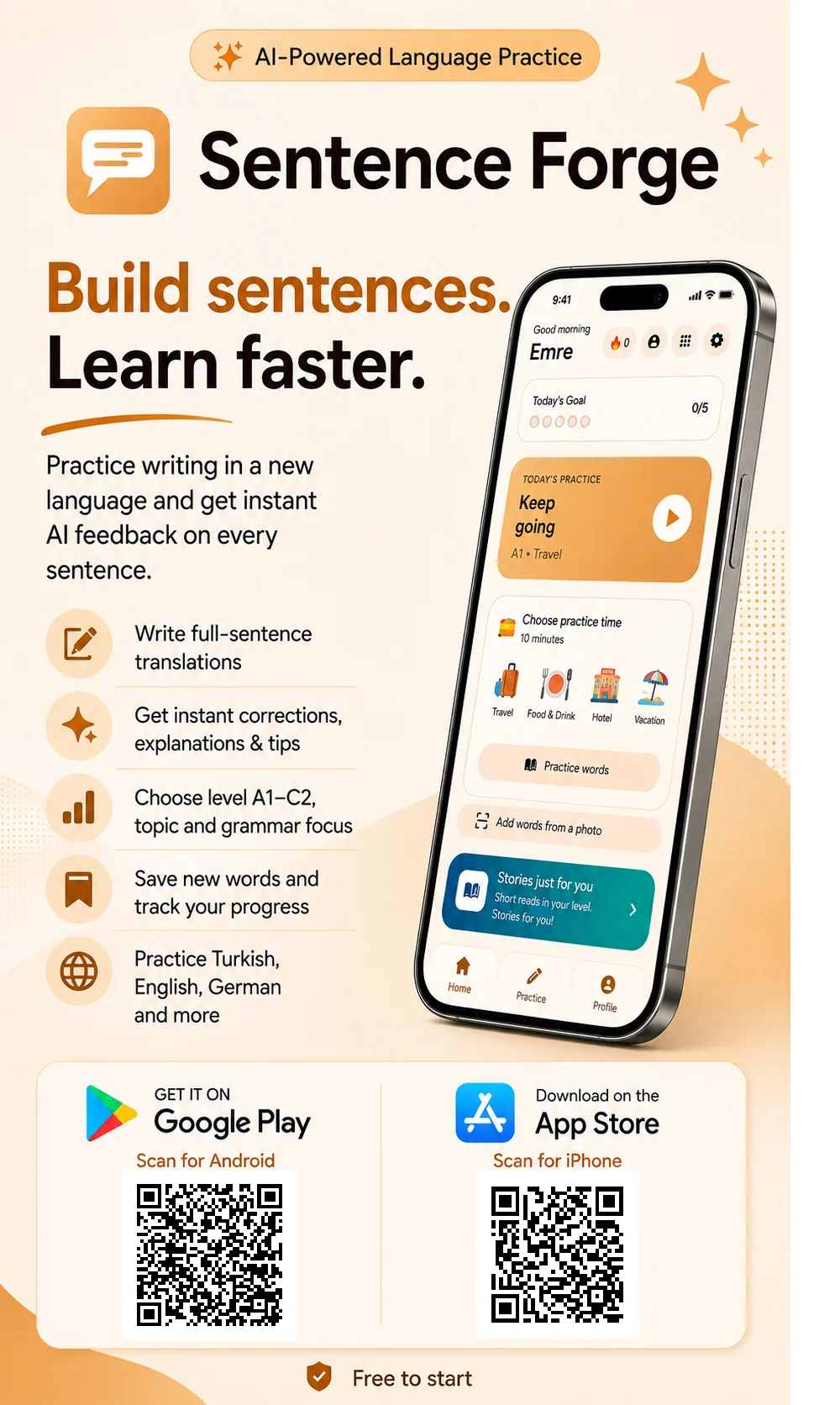 Sentence Forge app — build sentences and learn faster