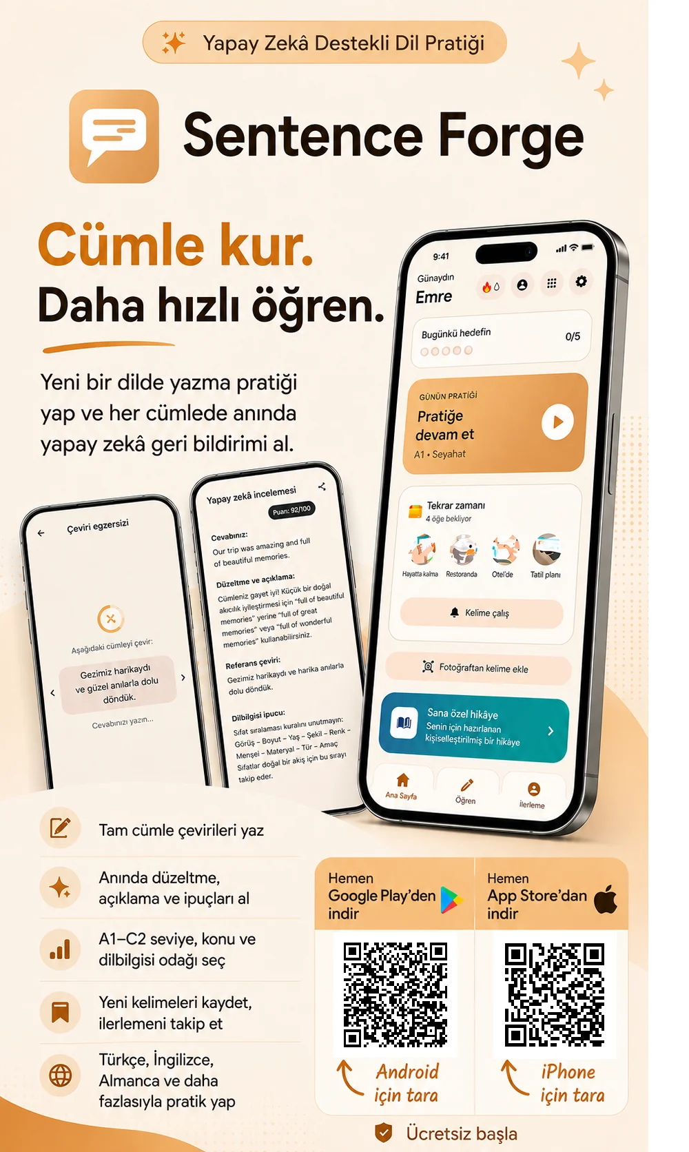 Sentence Forge uygulaması — cümle kur, daha hızlı öğren